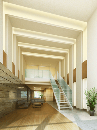 Shared facilities.  [Lounge Rendering] It continued on the back "Minna Gallery", Spread to the outdoor "Sunnyside Terrace" and space of the rest made up of "garden". Sulfur butterfly sheet ・ Wood-tone tile ・ stone ・ Paint walls, etc., It has adopted the natural materials in harmony with the environment abundantly. Also, By carrying out the production of light actively, Also it represents a sparkle to the indoor of the two-layer Fukinuki.