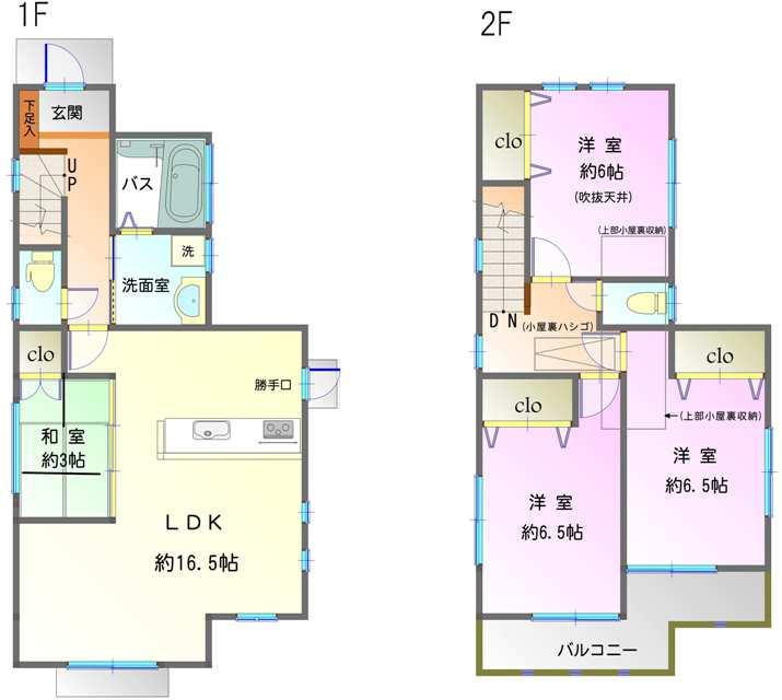 Floor plan. 39,800,000 yen, 4LDK, Land area 100.45 sq m , Is a floor plan of the building area 91.9 sq m 4LDK. 1F There are adjacent to 3 quires of Japanese-style room with LDK of about 16.5 quires. 2F is 2 rooms located Western-style rooms of about 6.5 Pledge to south. About 6 Pledge of Western-style of the north has become the atrium. Also it is conveniently located attic accommodated quires about 3.