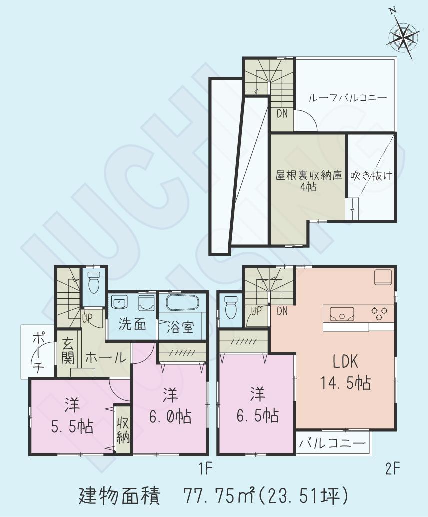 Floor plan. (Building 2), Price 33,800,000 yen, 3LDK, Land area 72.93 sq m , Building area 77.75 sq m