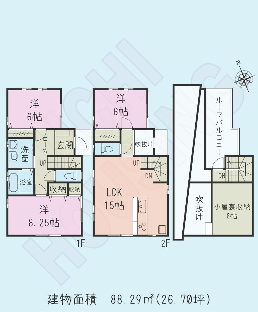 Floor plan. (3 Building), Price 34,800,000 yen, 3LDK, Land area 97.76 sq m , Building area 88.29 sq m