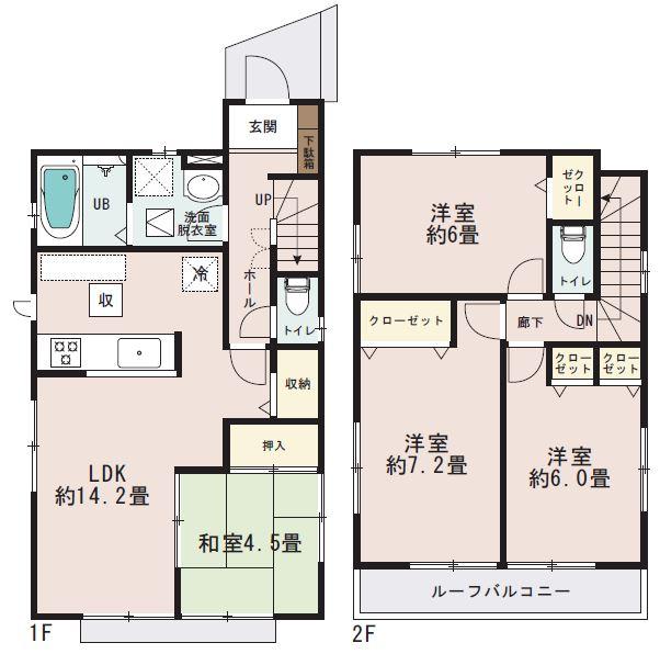 Floor plan. (Building 2), Price 37,800,000 yen, 4LDK, Land area 103.91 sq m , Building area 90.66 sq m