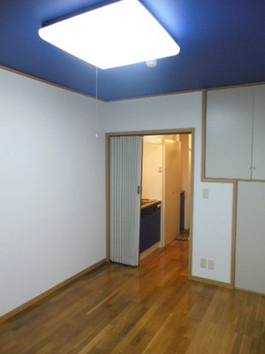 Living and room. Blue ceiling of