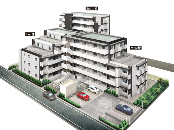 Shared facilities.  [Exterior - Rendering] East Building a residential building ・ South Building ・ The design separated into three blocks of West Wing, It has achieved a corner residential units ranging in all 45 Eucommia about 73%. Coupled with the dwelling unit configuration of the south-facing center, Lighting of the house ・ Ventilation resistance is improved in the entire, You get a high habitability. Also wide span dwelling unit between a population of about 7.6m also like to offer, Live comfortably in each of each type, 3LDK is the permanent residence of the center.