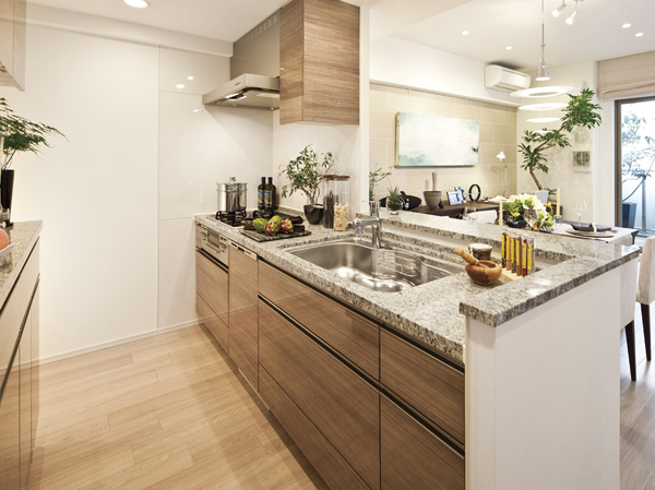 Kitchen.  [Come and go smile, kitchen] Over the counter, Family and cooking while Arekore conversation. Before we knew it, Children have helped me to cook. cooking, Cleanup, Storage of tableware. Very smooth all of flow. Cooking is more fun, Kitchen space that combines function and beauty.