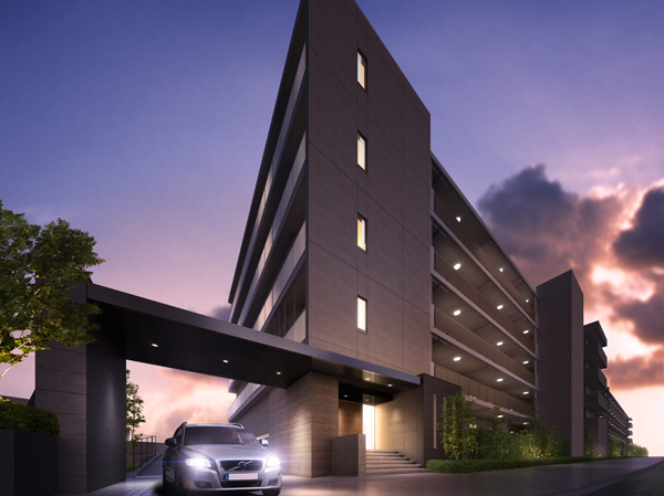 Features of the building.  [Entrance approach Rendering] From the front station of the urban landscape, Streets leading to the calm residential area. It is "stylish & Natural" appearance design to be in harmony with the flow of the landscape. Entrance around the, A natural texture of the border tiled, And twist the stone material, such as black and gray with a hard feeling to the point, Produce a striking contrast. further, By arranging a large gate and canopy, It has developed a stately appearance.