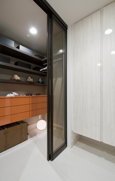 Stylish shoes in closet (entrance)