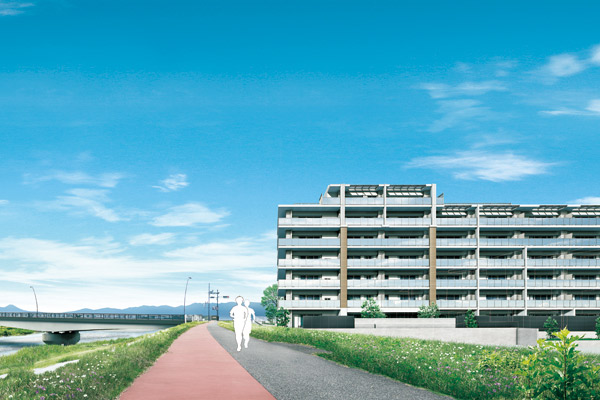 Shared facilities.  [Exterior - Rendering] Born to choose the land of moisture <Claire Holmes Takahatafudo>. Taking advantage of the location, which was the verge of the river, And ingenuity in the living space of one house one House, View drew comfort, of course, live with light and wind.  ※ Exterior - Rendering of the web is actually a somewhat different in those drawn on the basis of the drawings of the planning stage. Also various equipment and peripheral building ・ Utility pole ・ Overhead line ・ Road signs, etc., we have some omitted also simplified. Planting is not intended to show the status of particular season, It does not grow to about Rendering at the time of completion. Also tree species are subject to change.