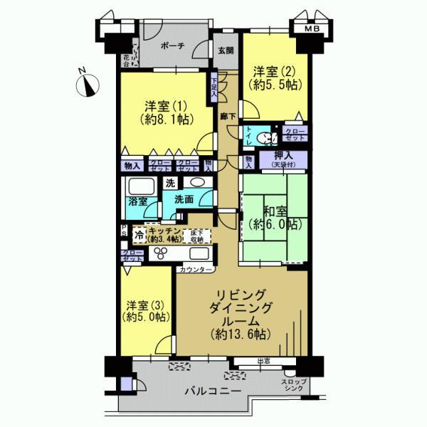 Floor plan. 4LDK, Price 36,800,000 yen, Occupied area 92.11 sq m , Balcony area 16.99 sq m