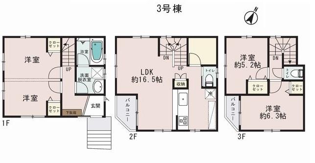 Floor plan. (3 Building), Price 44,900,000 yen, 4LDK, Land area 60.81 sq m , Building area 94.18 sq m