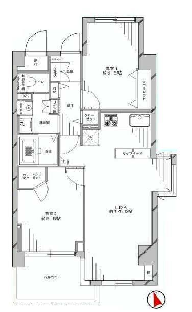Floor plan. 2LDK, Price 26,800,000 yen, Occupied area 57.46 sq m , Balcony area 6 sq m