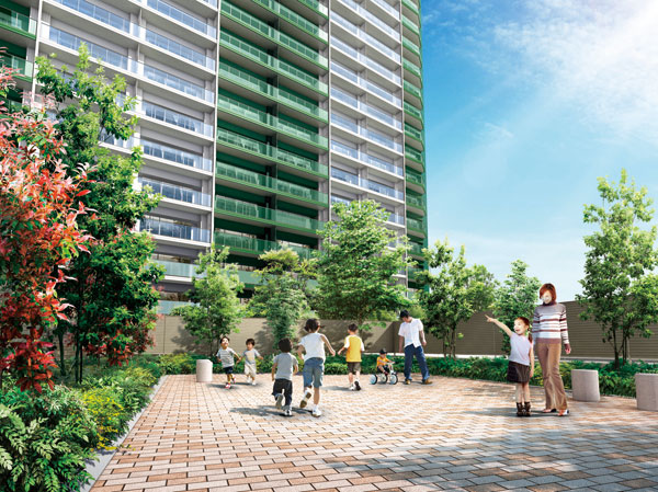 Shared facilities.  [Park (offer park)] As open space to play children freely to the site south, And ensure the "Park (offer park)" as an oasis space of region. Interlocking never muddy even on rainy days insole, Surrounded by green trees space, It will also be the place of relaxation and socializing. (Rendering)