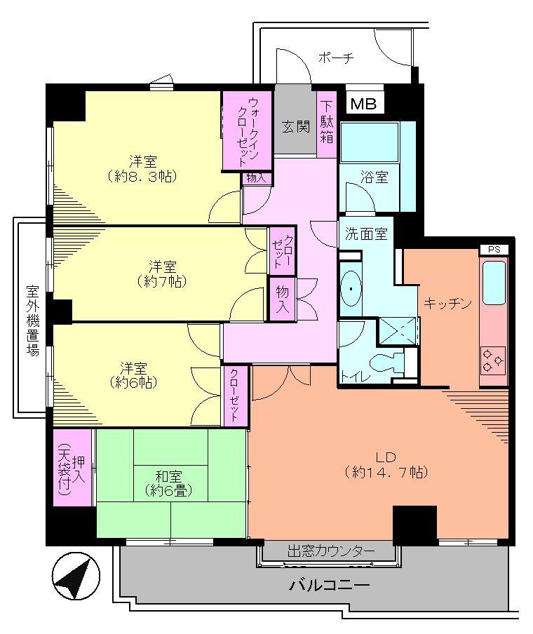 Floor plan. 4LDK, Price 41 million yen, The area occupied 107.1 sq m , Balcony area 14.48 sq m Floor