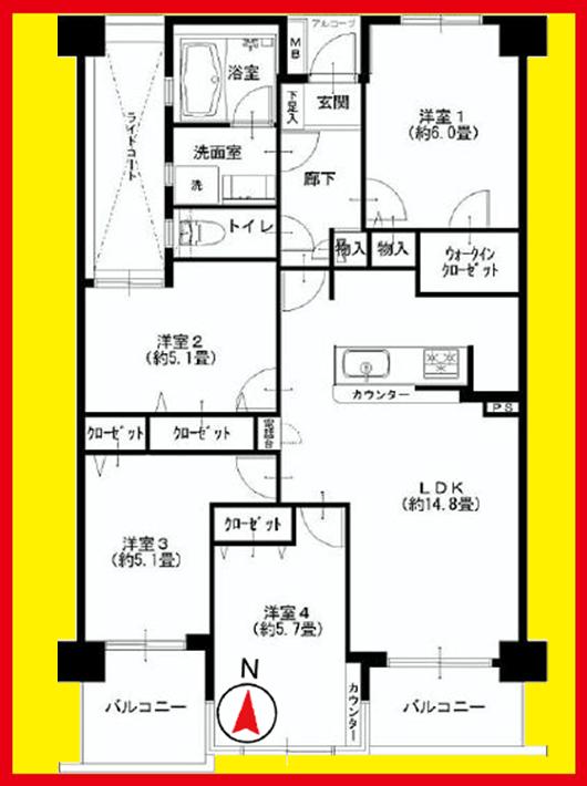 Floor plan. 4LDK, Price 36,900,000 yen, Occupied area 78.59 sq m , Balcony area 8.66 sq m