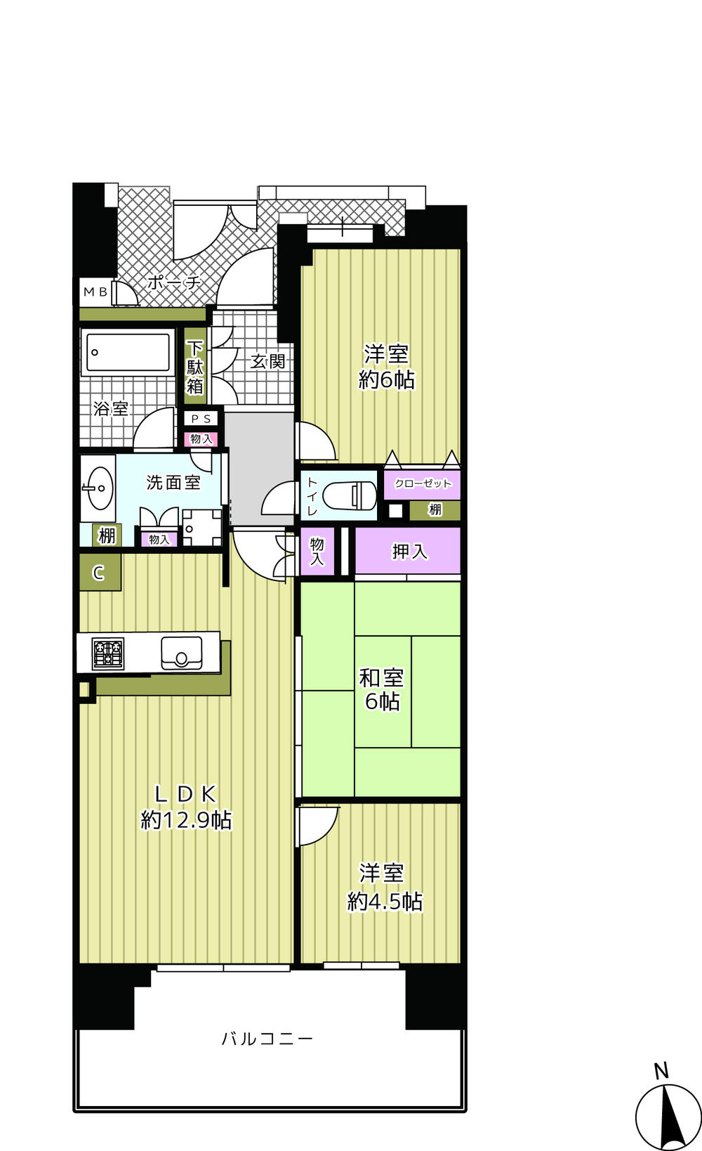 Floor plan. 2LDK + S (storeroom), Price 26,800,000 yen, Occupied area 64.61 sq m , For the balcony area 11.6 sq m south-facing, Exposure to the sun ・ View ・ Ventilation good