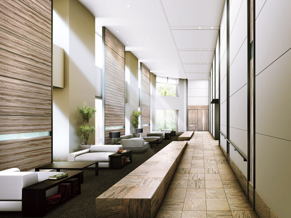 Features of the building.  [Entrance Hall Rendering CG] Along with the stylish appearance, Elegant entrance hall attractive. You meet the person who the space of a two-layer blow-there feeling of opening a live. Hall was a leisurely also does not feel the hustle and bustle of the station near the location is, It arranged the material of Sulfur butterfly on the wall, It has achieved create a warmth atmosphere. Also, By lowering one step lounge part, It has produced a leisurely relaxing space with an additional sense of openness.