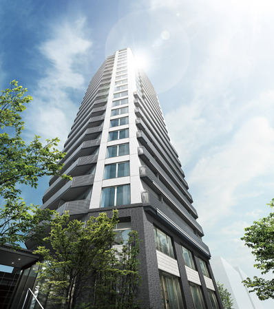 Buildings and facilities. Like a symbol of convenience rich location in the station 1 minute walk, Adopt a cosmopolitan image to the exterior design. Simple and has realized the symmetry of form. Also, Consideration in harmony with the surrounding cityscape, Reduce the feeling of oppression by the white was the keynote color scheme. And the south side there is a train station and shopping district, etc., Also features a design that changed the expression on the north side of low-rise residential area spreads. (Exterior CG)