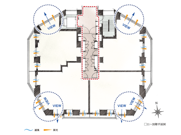Buildings and facilities. About corner dwelling unit rate of 90%, Inner plan stuck to the sense of openness. Taking advantage of the characteristics of the hill of the Tower, Pursue the open feeling of the dwelling unit, Achieve about 90% corner dwelling unit rate. You can enjoy the scenery of the <Park Tower Itabashi> unique. Also, Adopt a hotel-like inner corridor of the elegant atmosphere. Not enter the wind and rain Unlike open corridor, Also protect the privacy from the outside, Crime prevention also increases. (11 ~ 20-floor plan view)