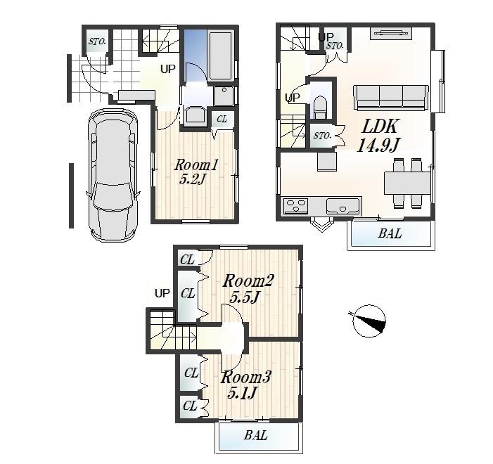 Floor plan. (1 Building), Price 39,800,000 yen, 3LDK, Land area 52.99 sq m , Building area 87.93 sq m