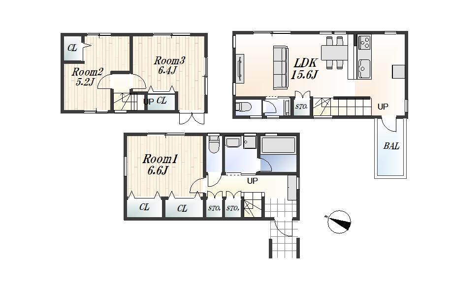 Floor plan. (Building 2), Price 36,800,000 yen, 3LDK, Land area 62.97 sq m , Building area 88.44 sq m