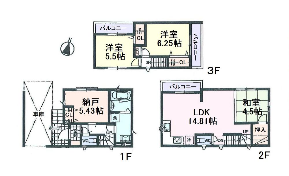 Floor plan. (E Building), Price 38,800,000 yen, 3LDK+S, Land area 64.61 sq m , Building area 99.77 sq m