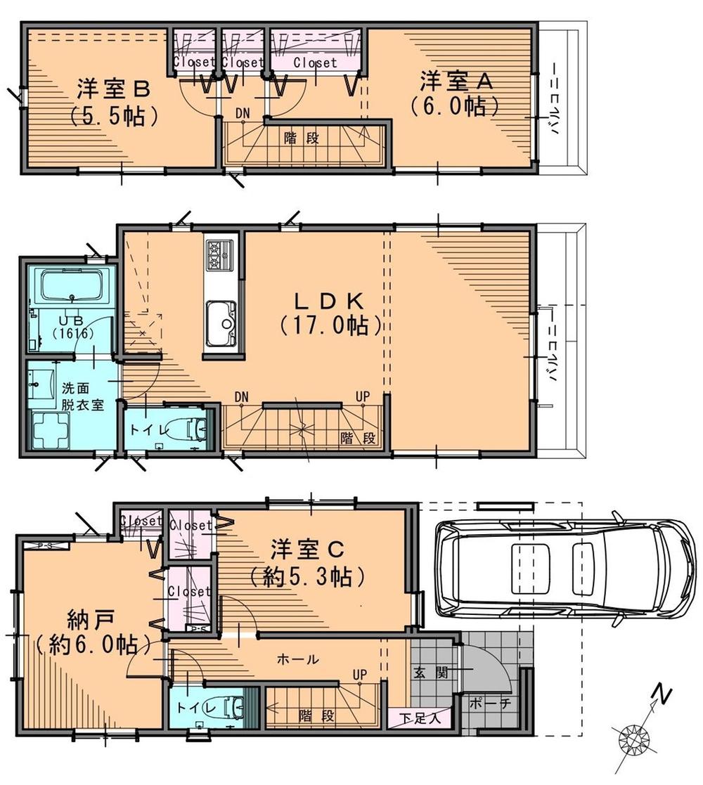Floor plan. (Building 2), Price 46,900,000 yen, 3LDK+S, Land area 76.29 sq m , Building area 107.16 sq m