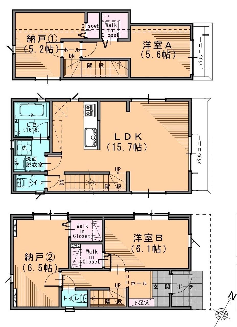 Floor plan. (3 Building), Price 47,900,000 yen, 2LDK+2S, Land area 75.21 sq m , Building area 96.87 sq m