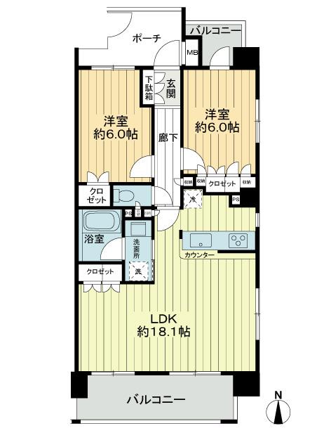 Floor plan. 2LDK, Price 34,800,000 yen, Occupied area 64.41 sq m , Balcony area 11.17 sq m floor plan
