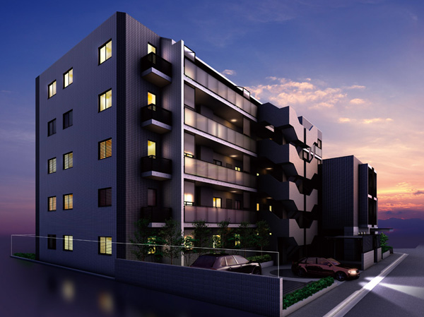 Shared facilities.  [Exterior - Rendering] Appearance was based on white and black coloring, Produce a modern, etc. Marion and glass handrail. Its expression is deepened in every live the taste as a mansion. (It is those that caused draw based on the drawings of the planning stage, In fact a slightly different. Also, Tree species of planting, About the size has become a undetermined, It does not grow to about Rendering at the time of completion)