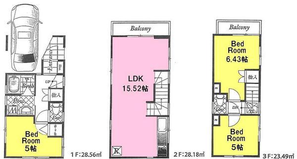 Floor plan. (Building 2), Price 29,800,000 yen, 3LDK, Land area 47.06 sq m , Building area 80.23 sq m