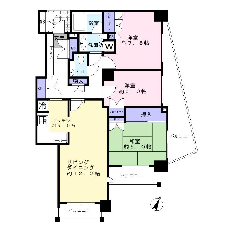 Floor plan. 3LDK, Price 42,500,000 yen, Occupied area 80.34 sq m , Balcony area 19.06 sq m