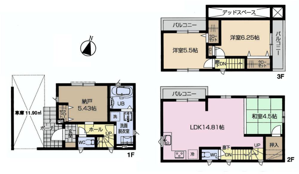 Floor plan. (E Building), Price 38,800,000 yen, 3LDK+S, Land area 64.61 sq m , Building area 99.77 sq m