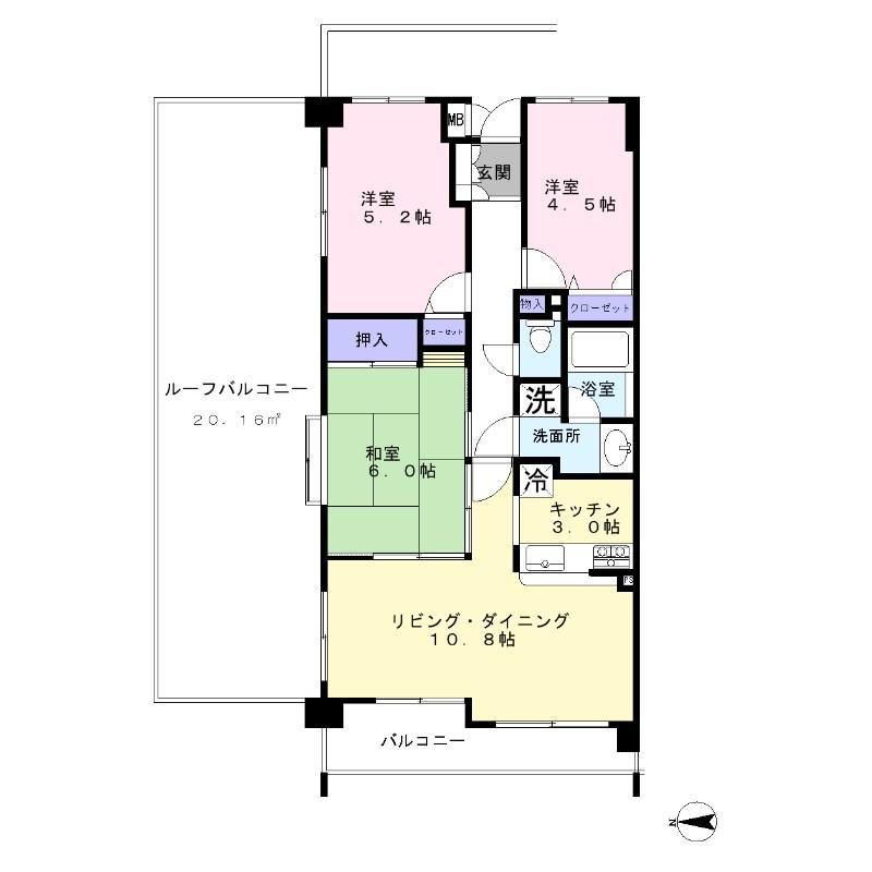 Floor plan. 3LDK, Price 24,800,000 yen, Occupied area 65.34 sq m , Balcony area 9.91 sq m
