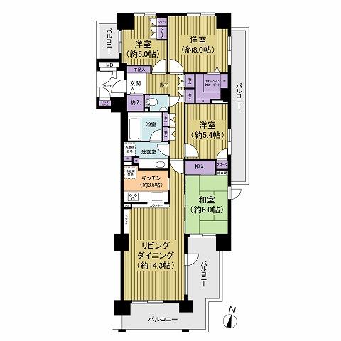 Floor plan. 4LDK, Price 43,800,000 yen, Occupied area 99.58 sq m , Balcony area 29.26 sq m 4LDK, Facing south, Corner dwelling unit