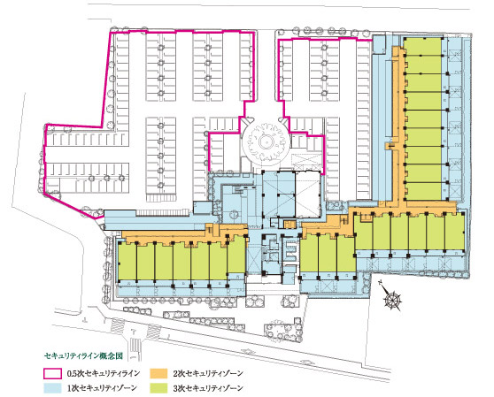 Security.  [Triple security zone]  ・ 0.5th SECURITY - suppression invasion by securing the loose area of ・ 1st SECURITY - installed an auto-lock the control panel to the "entrance hall". Unlock the security in the hands-free key by Rakusesu ・ 2nd SECURITY - the auto-lock operation panel "Elevator ・ Installed on the first floor common corridor ". Unlock the security in the hands-free key by Rakusesu ・ 3rd SECURITY - adopted the entrance door of the CP certified to dwelling unit entrance. Double Rock, Crime prevention thumb turn, Sickle dead lock, Installation and door eye cover (triple zone conceptual diagram)