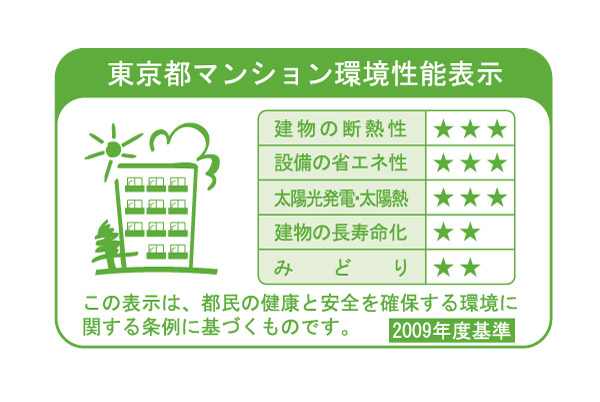 Building structure.  [Tokyo apartment environmental performance display] Of Tokyo in was established in the "Ordinance on the environment to ensure the health and safety of citizens", "apartment environmental performance display system.", "Thermal insulation of buildings." ・ "Equipment of energy conservation." ・ "Solar power ・ In three items of solar thermal ", We have to get the stars 3 above the level of environmental considerations that laws and regulations seek.  ※ For more information see "Housing term large Dictionary"