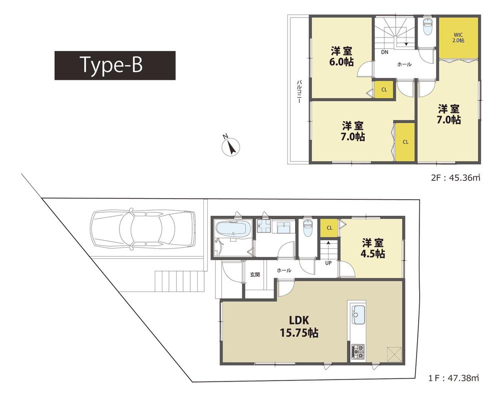 Building plan example (floor plan). Building plan example (B compartment) 4LDK, Land price 47,800,000 yen, Land area 100.9 sq m , Building price 15 million yen, Building area 92.74 sq m