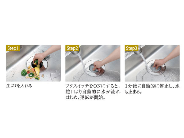 Kitchen.  [Disposer system] The disposer to the sink in the kitchen was standard equipment. Easy garbage ・ And processed speedily, Keep the kitchen always clean. Reduce the amount of garbage, Comfortable system also reduces time and effort of garbage disposal. Ground garbage, It is sent to a dedicated processing tank from drainage pipe, Disassembly ・ It will be purification.   ※ part, There is garbage that can not be processed. (Conceptual diagram)