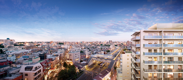 Buildings and facilities. Show a dignified standing figure of the ground 12-story <Moda ・ Viento Nakaitabashi Purashia>. The base color a gentle warm color, Orange brown tiles arranged in the foundation part is out brew modern taste. Balcony railing is to determine the horizontal direction of the impression, Adopted tiles and semi-transparent glass by the hierarchy. It has undergone a performance feel the elegance in the modern. As a new landmark of the city, It is the birth of the house to be handed down. (Exterior CG)
