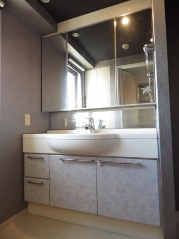 Wash basin, toilet. It is a three-sided mirror of the shower faucet. There are storage capacity.