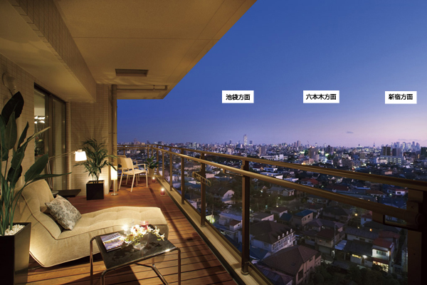 Room and equipment. Wide balcony of a maximum depth of about 2.4m, which was adopted in all houses. From local overlooking the House is, It is also possible to enjoy the airy views, such as you can see. (SK type menu plan ※ Application Exit ・ Sale already ※ October 2008 shot as the building at the time of the building (1220 Room No. ・ View photos overlooking the south side from the 12th floor) (actual and somewhat different in the December 2008 shooting) those synthesized processing)