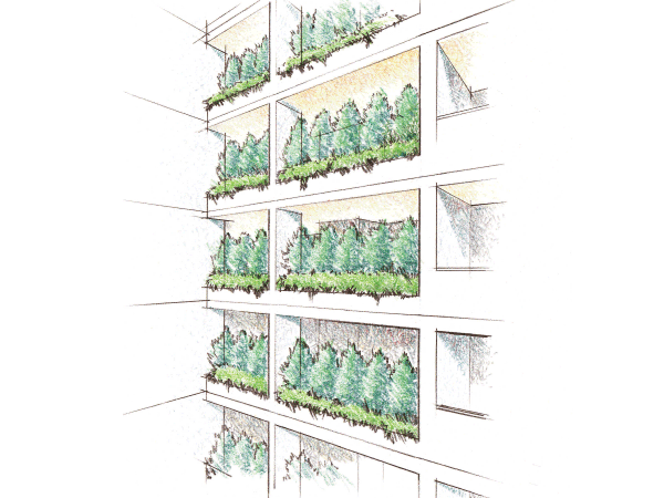 Common utility.  [Decorate the north facade, Lush greenery] Providing a flower bed of planting on the outside part of the shared corridor, Abelia, Other shrubs, such as western Iva nandina, Sasanqua and Loropetalum chinense, Place the tree in such eurya japonica. Not only to those with moisture a shared space of each floor, Also will produce beautiful appearance that green color. (Facade Rendering)