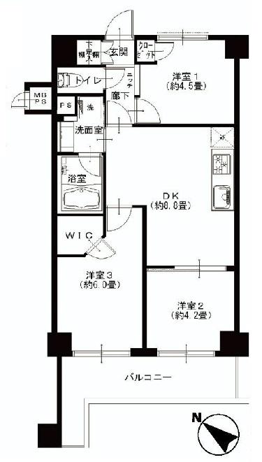 Floor plan. 3DK, Price 27,900,000 yen, Occupied area 51.12 sq m , Balcony area 8.33 sq m