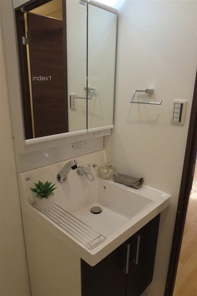 Wash basin, toilet. Vanity with happy shower