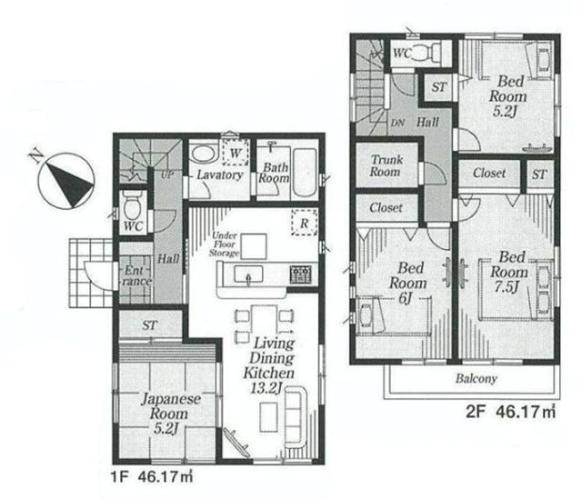 Floor plan. (1 Building), Price 43,800,000 yen, 4LDK, Land area 82.86 sq m , Building area 92.34 sq m