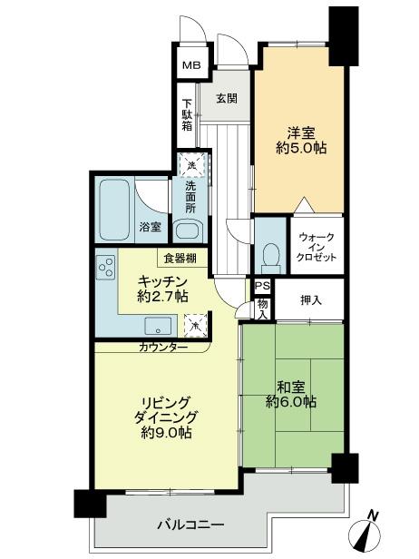 Floor plan. 2LDK, Price 27,800,000 yen, Occupied area 57.45 sq m , Balcony area 8.44 sq m
