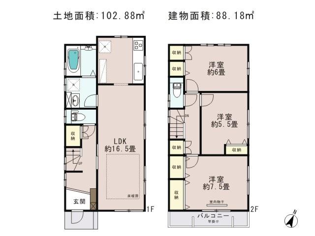 Floor plan. (5 Building), Price 46,800,000 yen, 3LDK, Land area 102.88 sq m , Building area 88.18 sq m