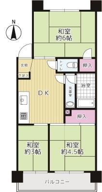 Floor plan. 3DK, Price 8.9 million yen, Footprint 37.8 sq m , Balcony area 4.5 sq m south-facing for, Yang per good