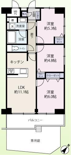 Floor plan. 3LDK, Price 26,900,000 yen, Occupied area 60.32 sq m , Balcony area 7.56 sq m