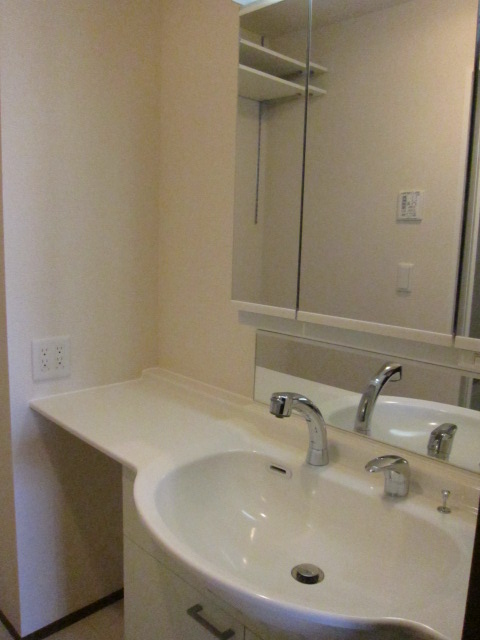 Washroom. Large vanity mirror one side tension