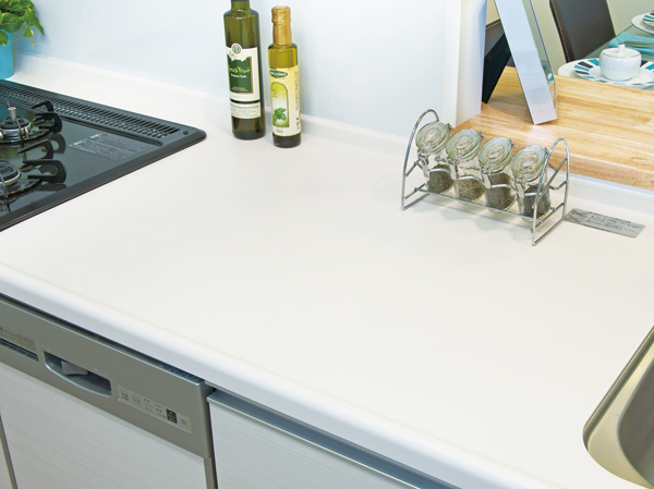 Kitchen.  [Artificial marble countertops] Artificial marble counters grade up the kitchen of the calm atmosphere. Care is is easy to.